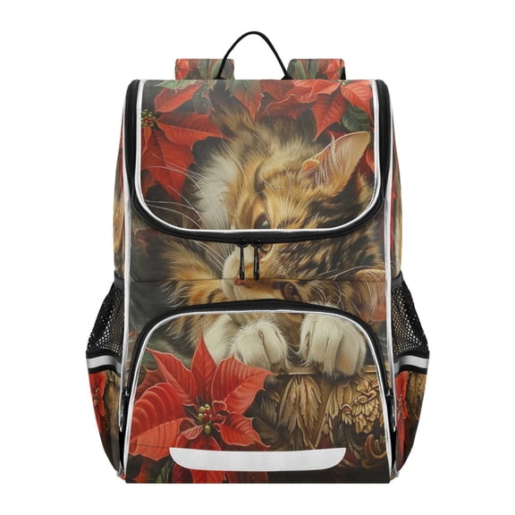 YAZAOO School Backpack Travel Bag Bookbags Bookbags Cozy Cat Among Poinsettias Pattern