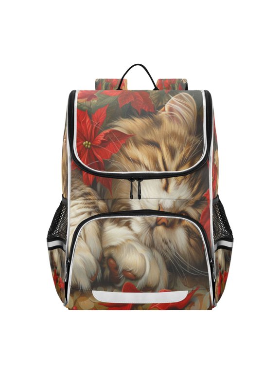 School Backpack Travel Bag Bookbags Bookbags Dreamy Tabby Nestled in Poinsettias Pattern