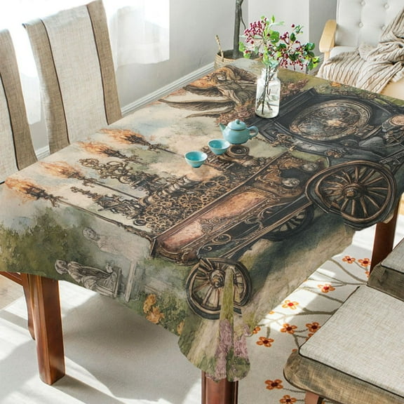 YAZAOO Square Tablecloth Art Steampunk Train Pattern Tableclothes