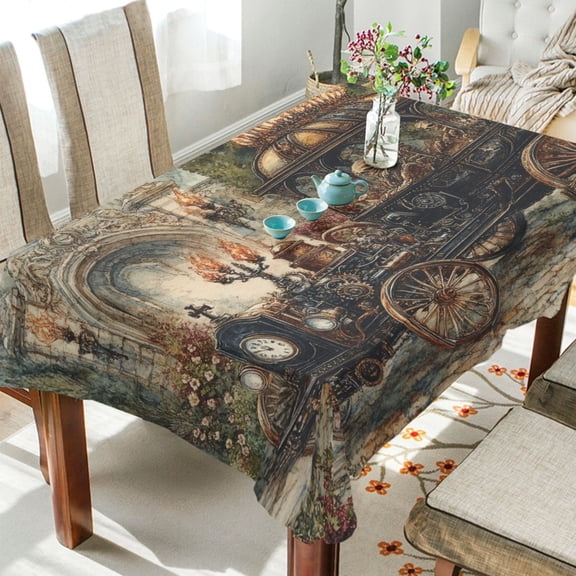 YAZAOO Square Tablecloth Art Steampunk Train Printing Pattern Tableclothes