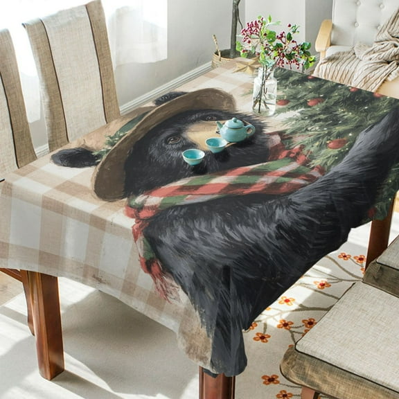 YAZAOO Square Tablecloth Black Bear with Christmas Tree Pattern Tableclothes