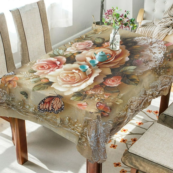 YAZAOO Square Tablecloth Butterfly and Roses on Lace Pattern Tableclothes