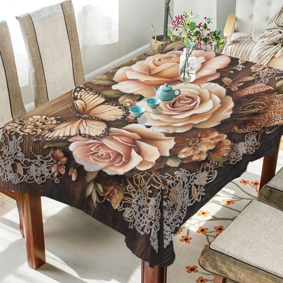 YAZAOO Square Tablecloth Butterfly and Roses on Lace Pattern Tableclothes