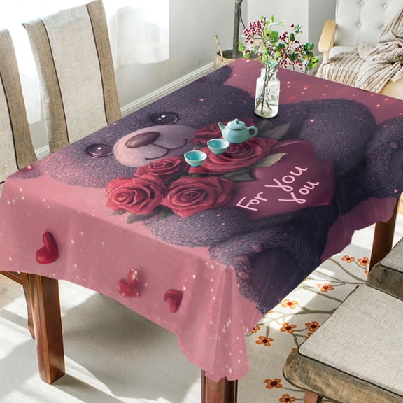 YAZAOO Square Tablecloth Cute Bear with Roses Pattern Tableclothes