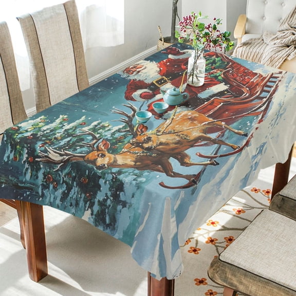 YAZAOO Square Tablecloth Cute Deer Pulling Santa Pattern Tableclothes