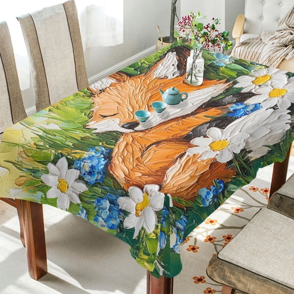 YAZAOO Square Tablecloth Fox Sleeping Among Flowers Pattern Tableclothes