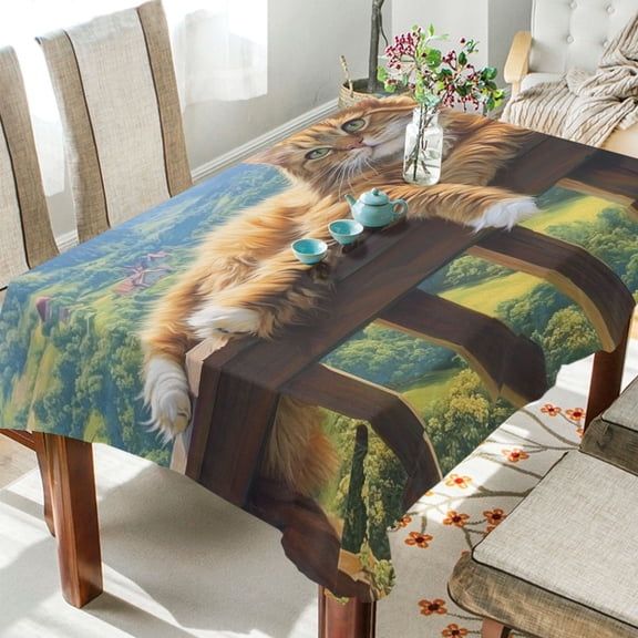 YAZAOO Square Tablecloth Lazy Brown Cat Pattern Tableclothes