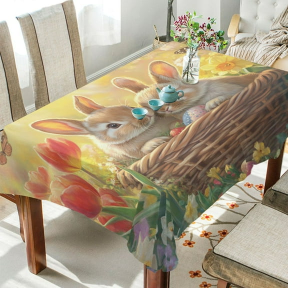 YAZAOO Square Tablecloth Rabbit on Easter Basket Pattern Tableclothes