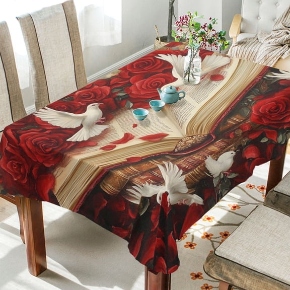 YAZAOO Square Tablecloth Red Roses White Doves Painting Pattern Tableclothes