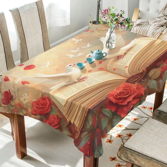 YAZAOO Square Tablecloth Red Roses White Doves Pattern Tableclothes