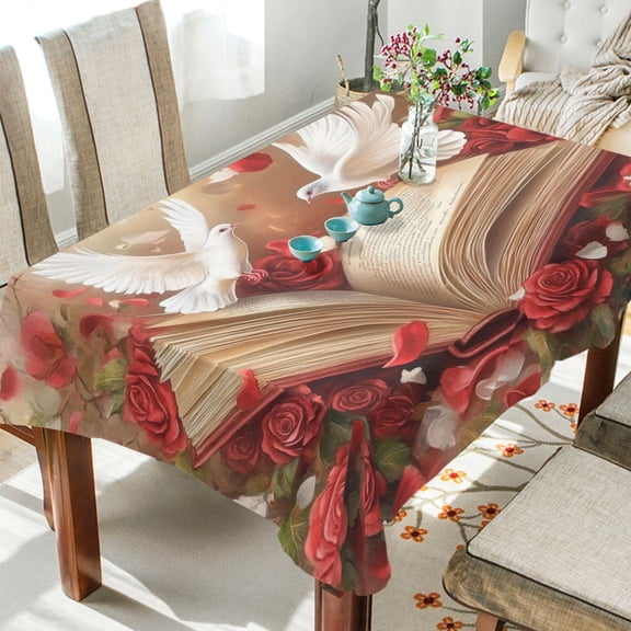 YAZAOO Square Tablecloth Red Roses White Doves Printing Pattern Tableclothes