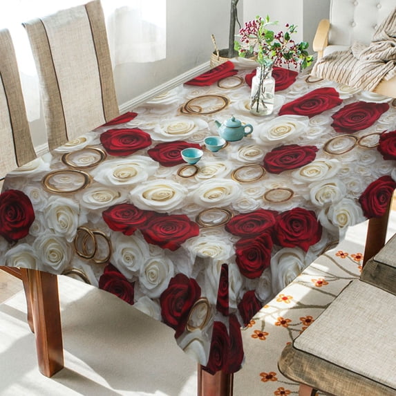 YAZAOO Square Tablecloth Red and White Roses Rings Pattern Tableclothes