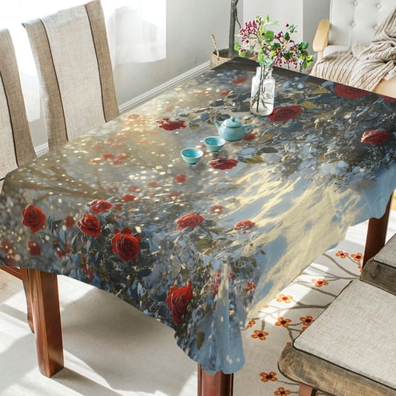 YAZAOO Square Tablecloth Snowy Path with Red Roses Pattern Tableclothes