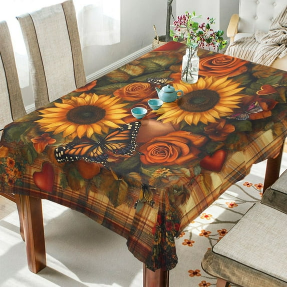 YAZAOO Square Tablecloth Sunflowers Roses Butterflies Hearts Pattern Tableclothes