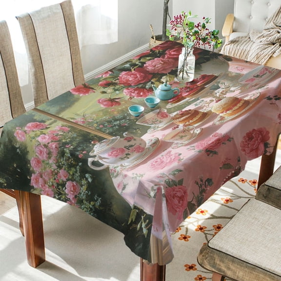 YAZAOO Square Tablecloth Tea Set with Roses Pattern Tableclothes