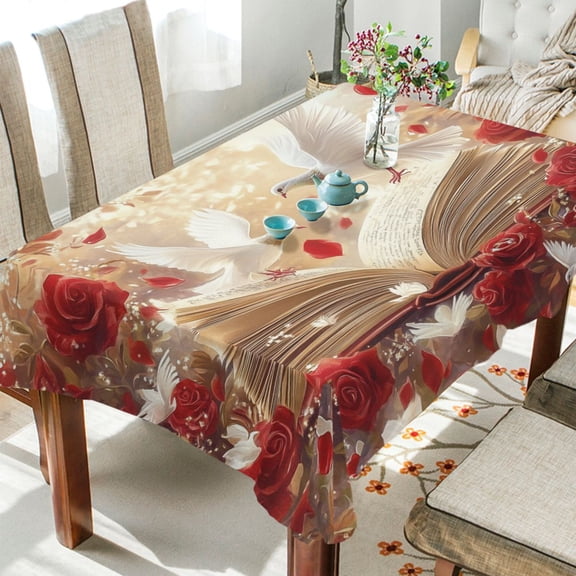 YAZAOO Square Tablecloth White Doves Red Roses Pattern Tableclothes