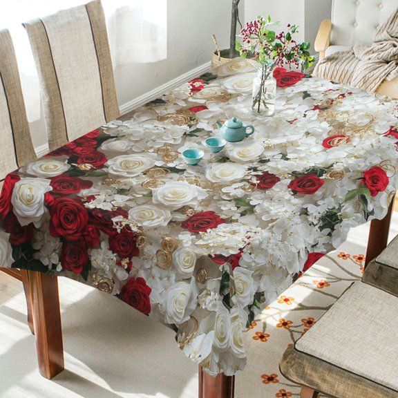 YAZAOO Square Tablecloth White and Red Rose Layout Pattern Tableclothes