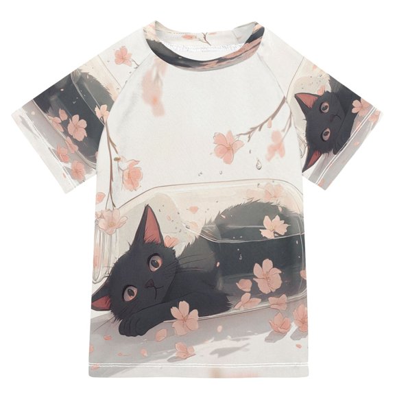 YAZAOO Summer T-shirt Sunscreen Cat in Bloom Pattern Swim Tops