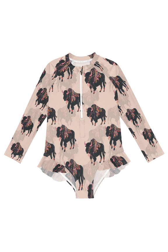 YAZAOO Swimwear Alpine Yak Seamless Pattern For Long Sleeve One-Piece Swimsuit UPF 50 And UV Protection Quick Dry Chlorine Resistant