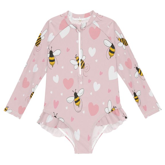 YAZAOO Swimwear Bee Love Pattern For Long Sleeve One-Piece Swimsuit UPF 50 And UV Protection Quick Dry Chlorine Resistant