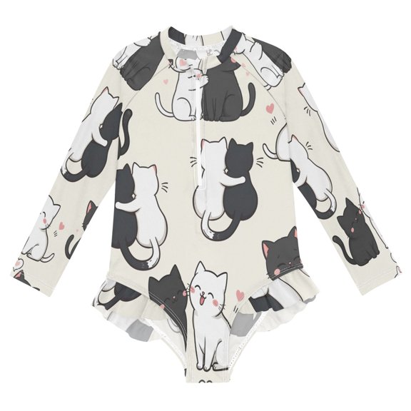 YAZAOO Swimwear Black and White Kitten For Long Sleeve One-Piece Swimsuit UPF 50 And UV Protection Quick Dry Chlorine Resistant