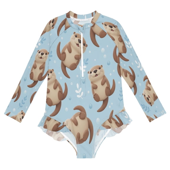 YAZAOO Swimwear Blue Cute Otter For Long Sleeve One-Piece Swimsuit UPF 50 And UV Protection Quick Dry Chlorine Resistant