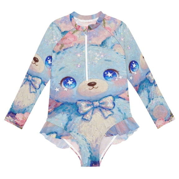 YAZAOO Swimwear Blue Floral Bear For Long Sleeve One-Piece Swimsuit UPF 50 And UV Protection Quick Dry Chlorine Resistant