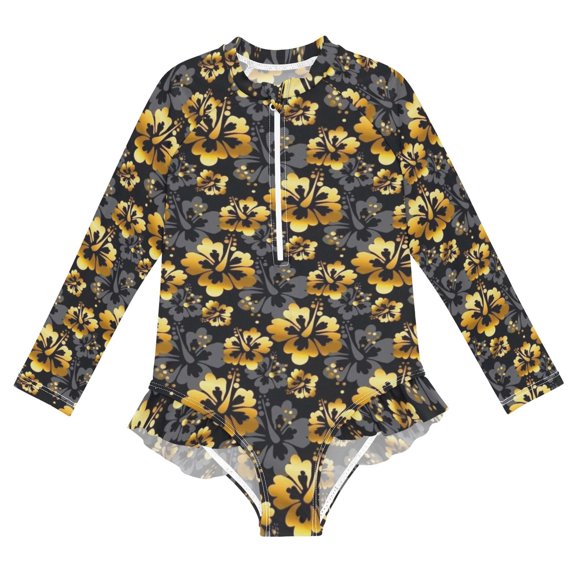 YAZAOO Swimwear Gothic Golden Floral For Long Sleeve One-Piece Swimsuit UPF 50 And UV Protection Quick Dry Chlorine Resistant