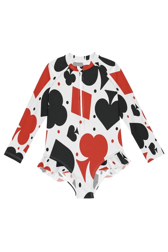 YAZAOO Swimwear Spades Hearts Polka Dots For Long Sleeve One-Piece Swimsuit UPF 50 And UV Protection Quick Dry Chlorine Resistant