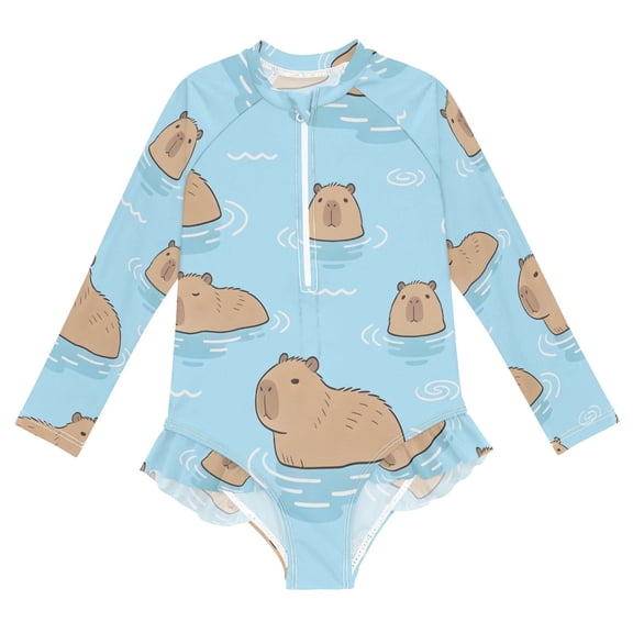 YAZAOO Swimwear Swimming Capybara Pattern For Long Sleeve One-Piece Swimsuit UPF 50 And UV Protection Quick Dry Chlorine Resistant