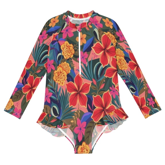 YAZAOO Swimwear Tropical Hibiscus Bloom For Long Sleeve One-Piece Swimsuit UPF 50 And UV Protection Quick Dry Chlorine Resistant
