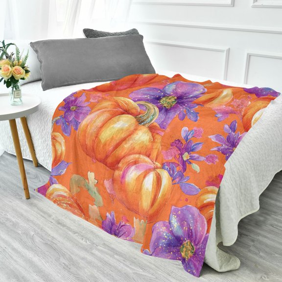 YAZAOO Travel Blanket Camping Blankets Fashion Autumn Blooms and Pumpkins Patten