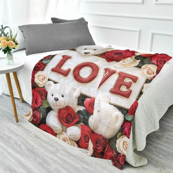 YAZAOO Travel Blanket Camping Blankets Fashion Bear Hugs and Rose Patten