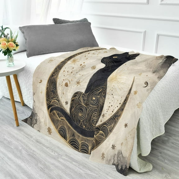YAZAOO Travel Blanket Camping Blankets Fashion Black Cat on Crescent Moon Patten