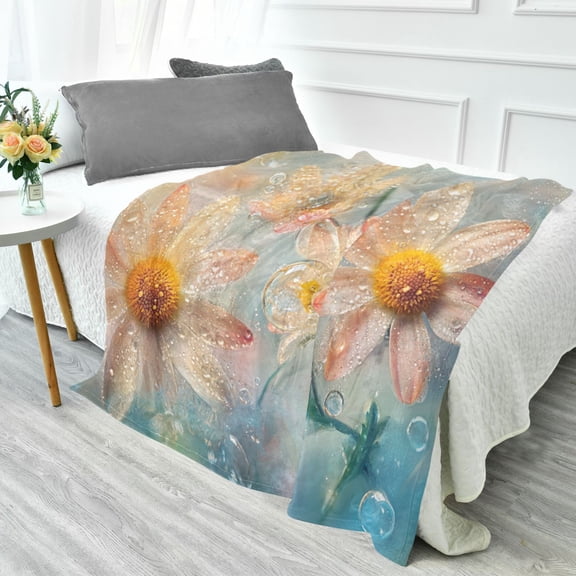 YAZAOO Travel Blanket Camping Blankets Fashion Flowers with Raindrops Patten