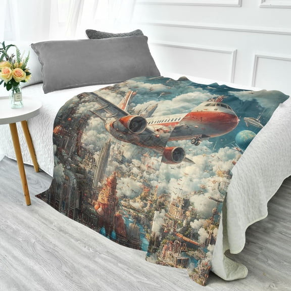 YAZAOO Travel Blanket Camping Blankets Fashion Futuristic Cityscape with Airplane Patten