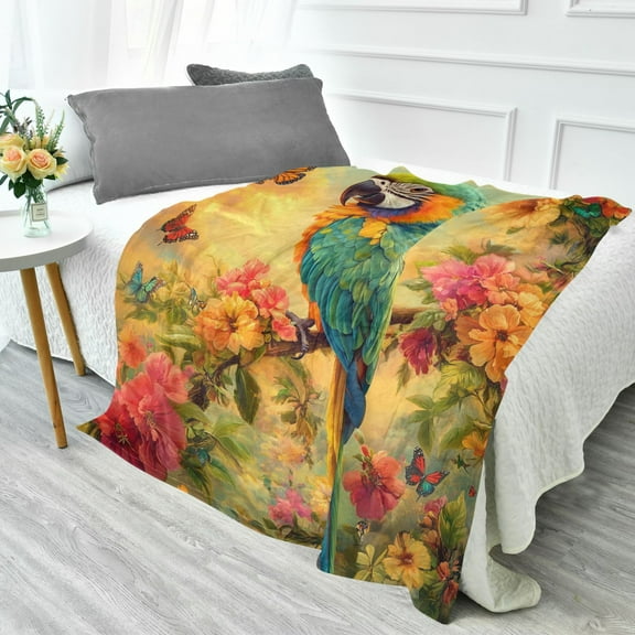 YAZAOO Travel Blanket Camping Blankets Fashion Parrot with Butterflies Patten