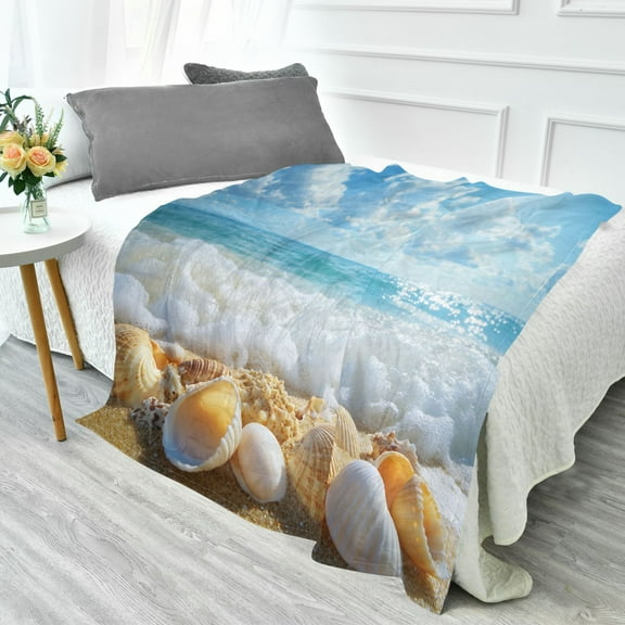 YAZAOO Travel Blanket Camping Blankets Fashion Seashells on Sandy Beach Patten