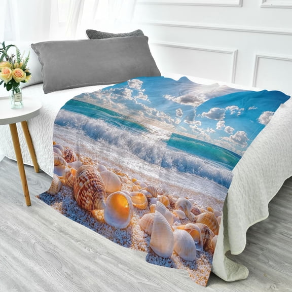 YAZAOO Travel Blanket Camping Blankets Fashion Seashells on Sunny Beach Patten