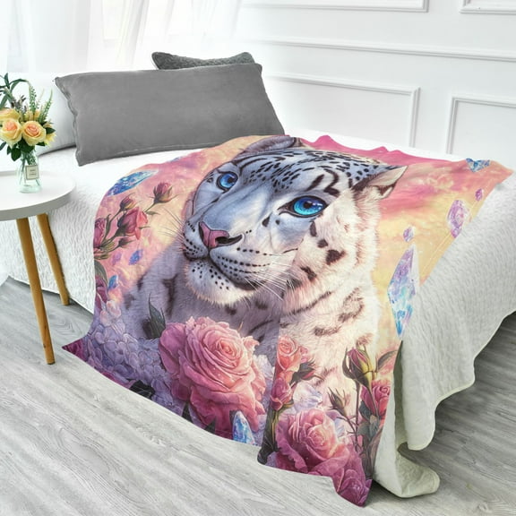 YAZAOO Travel Blanket Camping Blankets Fashion Snow Leopard Roses Crystals Patten