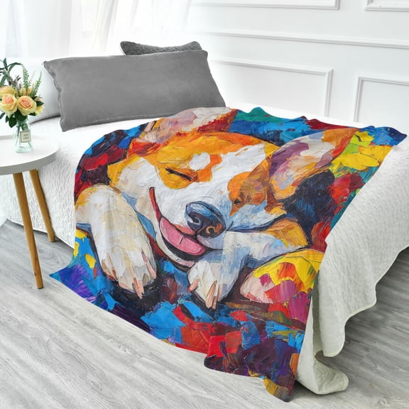 YAZAOO Travel Blanket Camping Blankets Fashion The Colorful Corgi Nap Patten