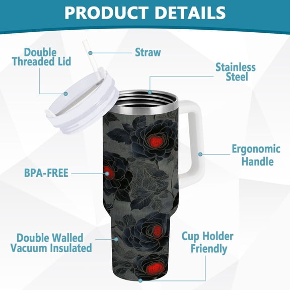 YAZAOO Tumbler 40oz Insulated Stainless Creative Dark Floral Pattern Steel Water Bottles