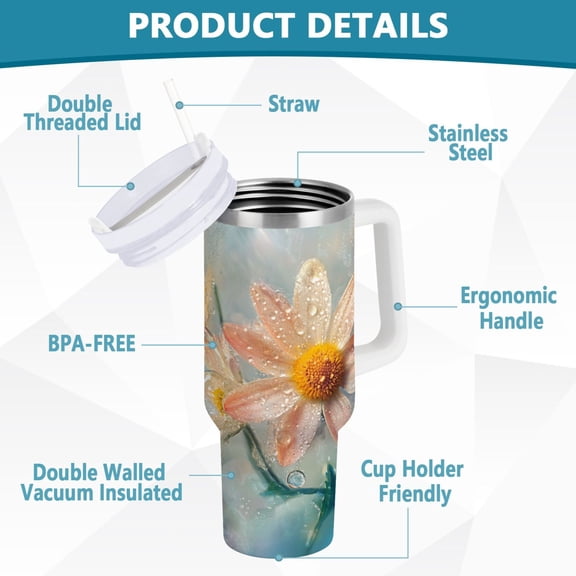 YAZAOO Tumbler 40oz Insulated Stainless Creative Flowers with Raindrops Pattern Steel Water Bottles