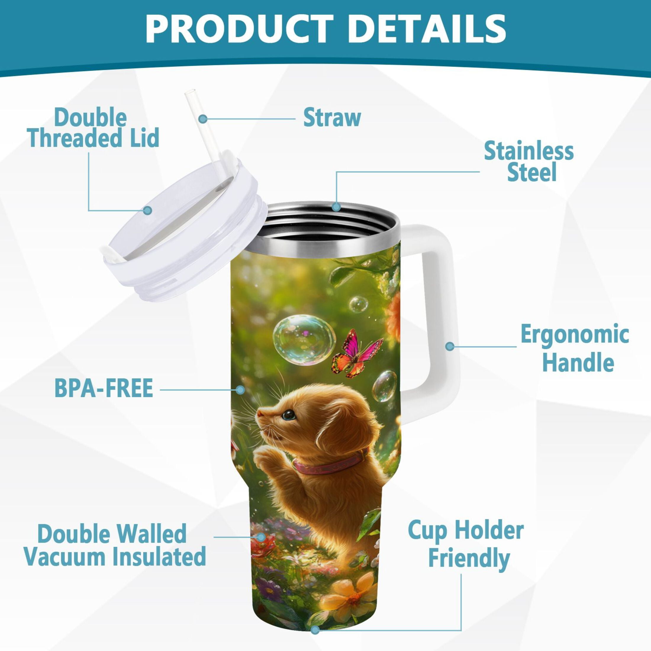 YAZAOO Tumbler 40oz Insulated Stainless Creative Kitten and Puppy with Butterflies Pattern Steel Water Bottles