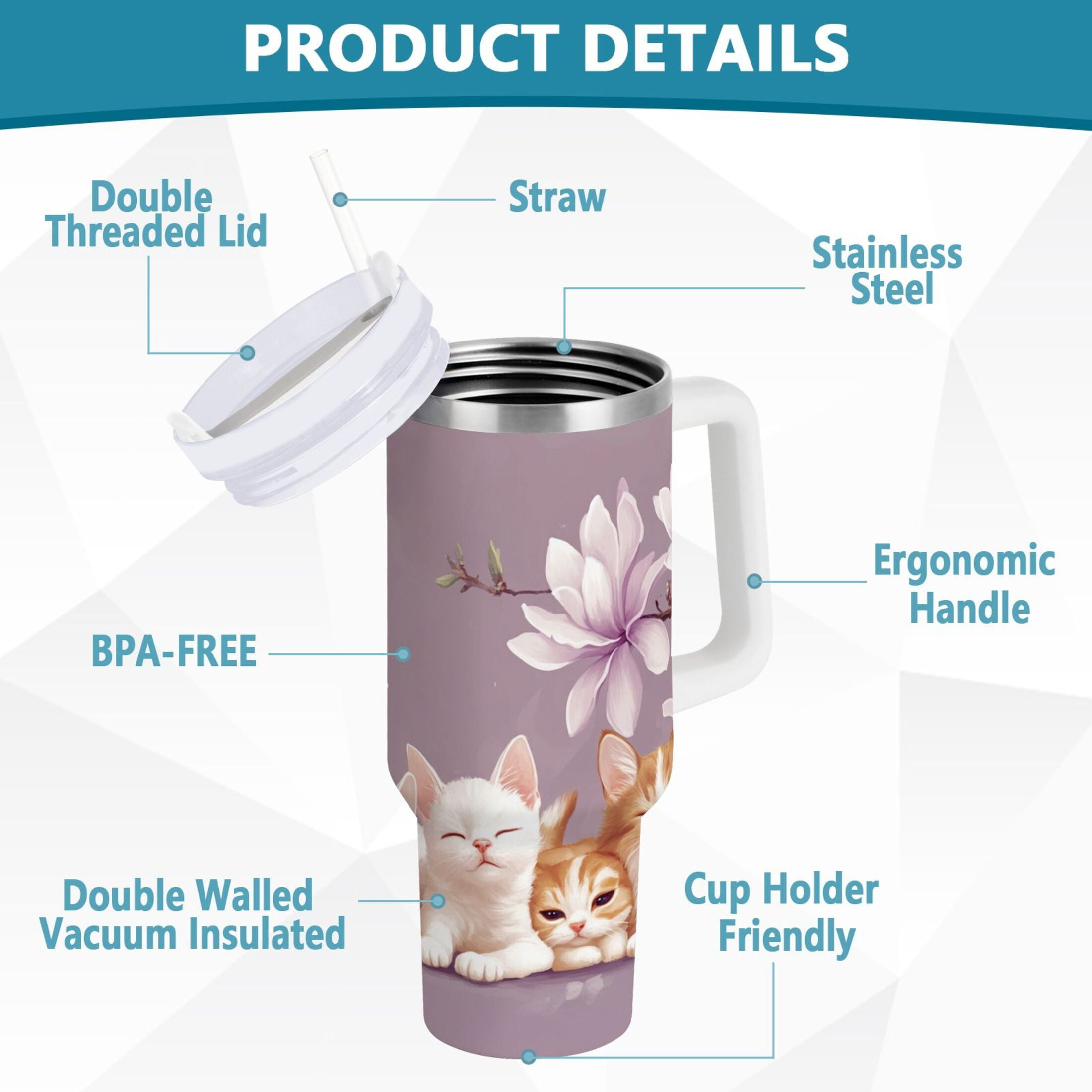 YAZAOO Tumbler 40oz Insulated Stainless Creative Kittens and Puppies with Flowers Pattern Steel Water Bottles