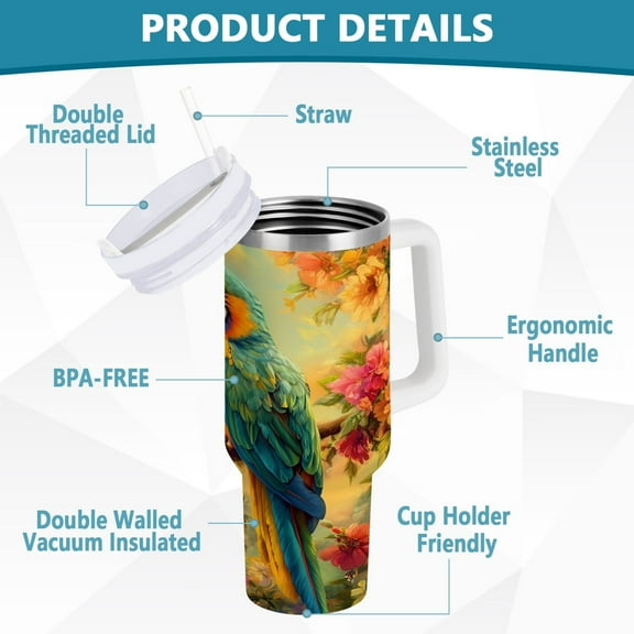 YAZAOO Tumbler 40oz Insulated Stainless Creative Parrot with Butterflies Pattern Steel Water Bottles
