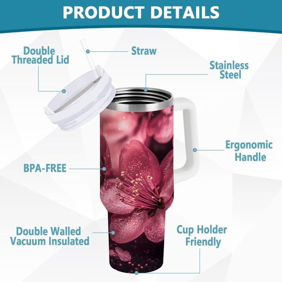 YAZAOO Tumbler 40oz Insulated Stainless Creative Pink Glittery Flowers Pattern Steel Water Bottles