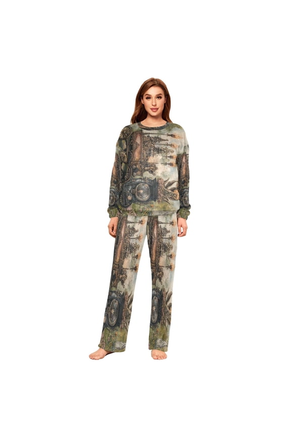 Women Slim Pajamas Loose Style Female Fashion Art Steampunk Train Pattern Sleepwear