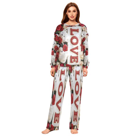 YAZAOO Women Slim Pajamas Loose Style Female Fashion Bear Hugs and Rose Pattern Sleepwear