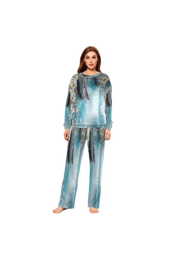 Women Slim Pajamas Loose Style Female Fashion Boat Swans Flowers Mountains Lake Pattern Sleepwear